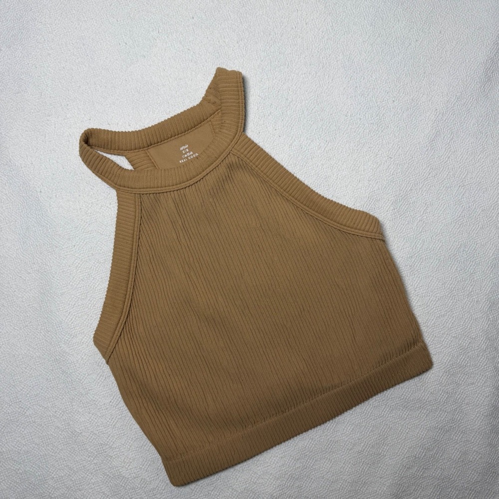 Aerie Real Good Tan Ribbed High Neck Sleeveless Crop Tank Top Medium